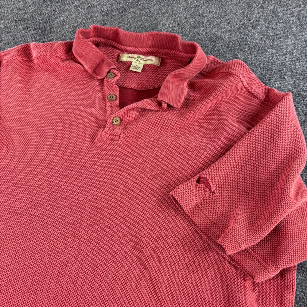 Tommy Bahama Polo Shirt Mens XL Salmon Pink Silk Cotton Waffle Knit Textured‎